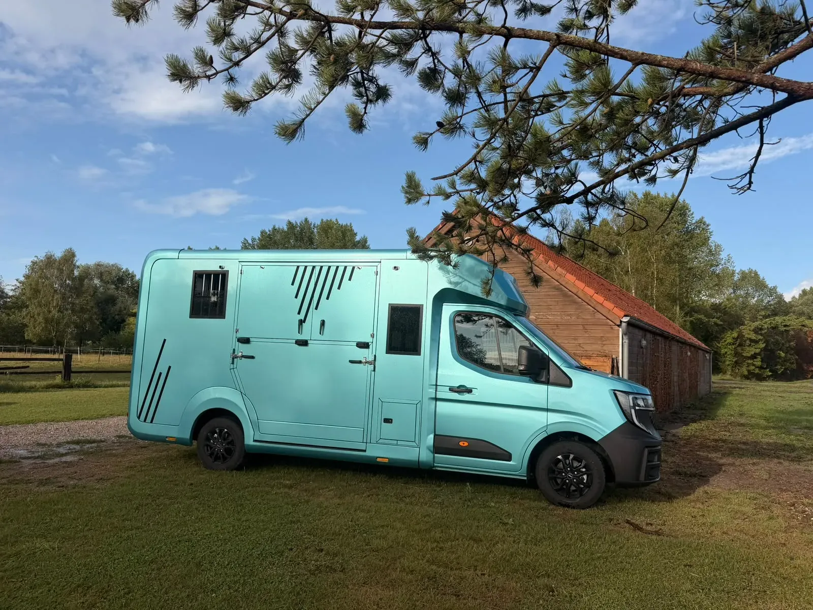 Camion chevaux Renault Master AKX turquoise vu de profil